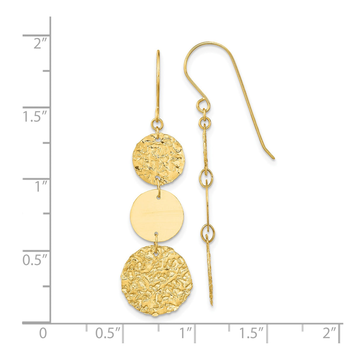 14k Yellow Gold Dangle Earrings with Three Textured Polished Disc Drops, Modern Hammered Design