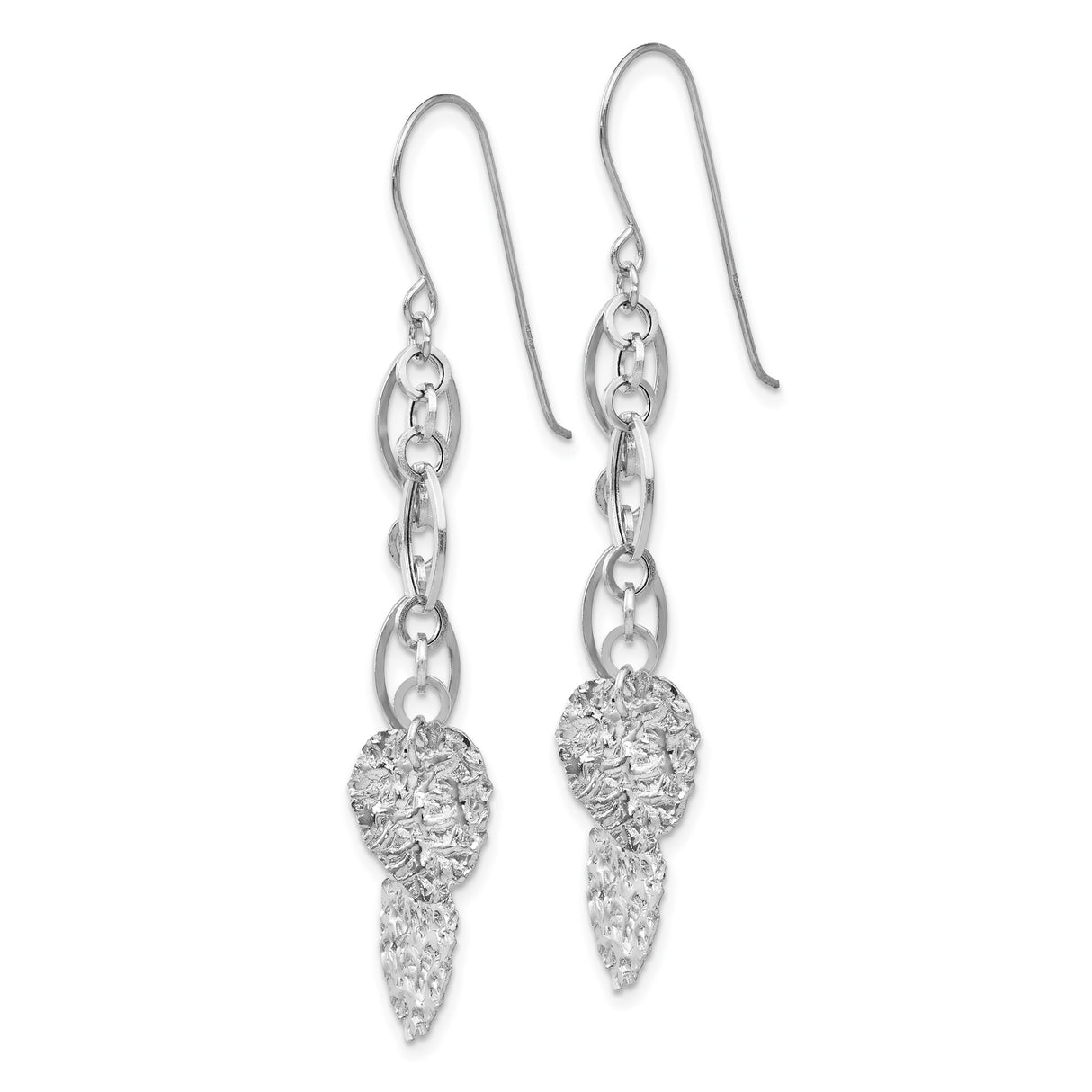 14k White Gold Dangle Earrings with Textured Heart Charms and Polished Oval Links