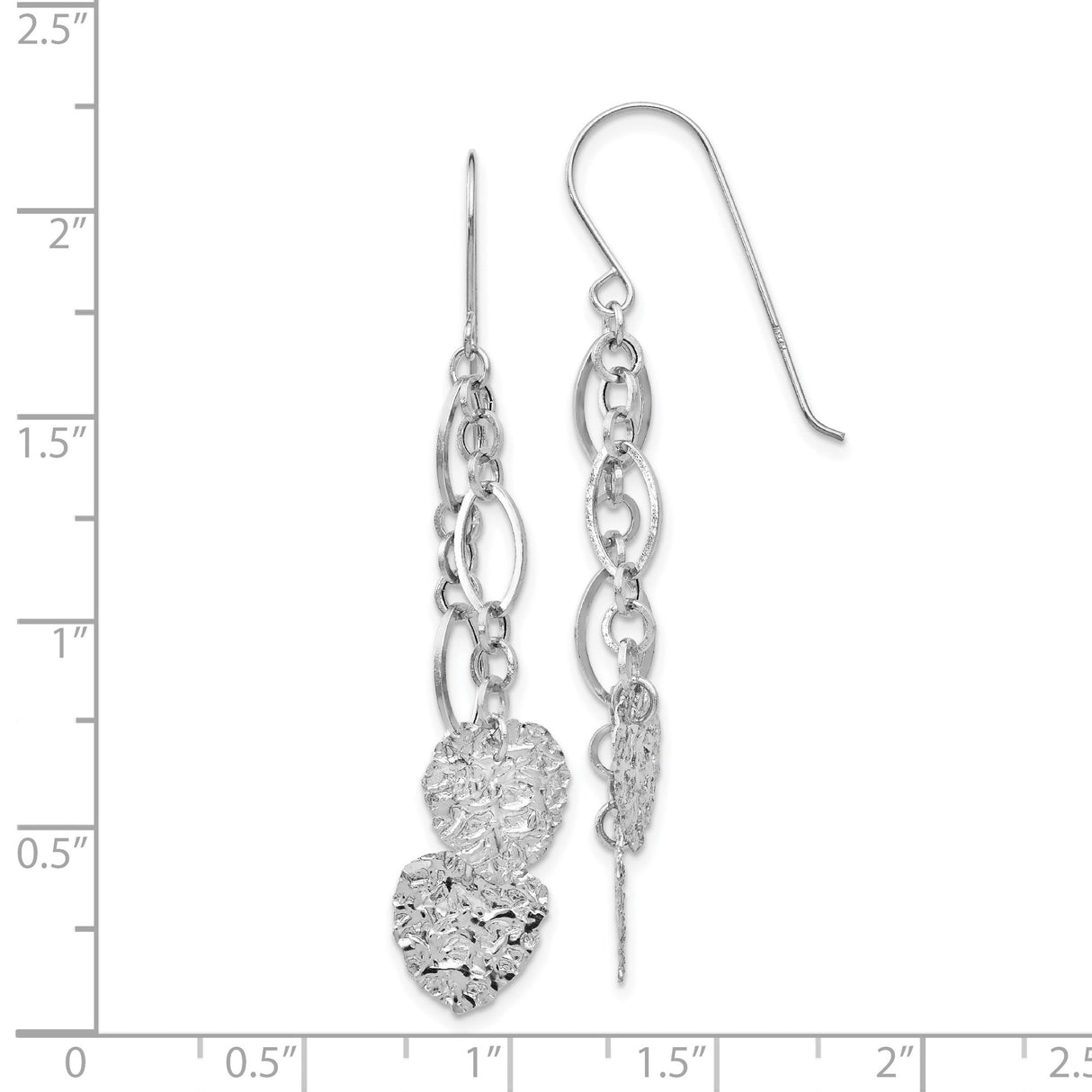 14k White Gold Dangle Earrings with Textured Heart Charms and Polished Oval Links
