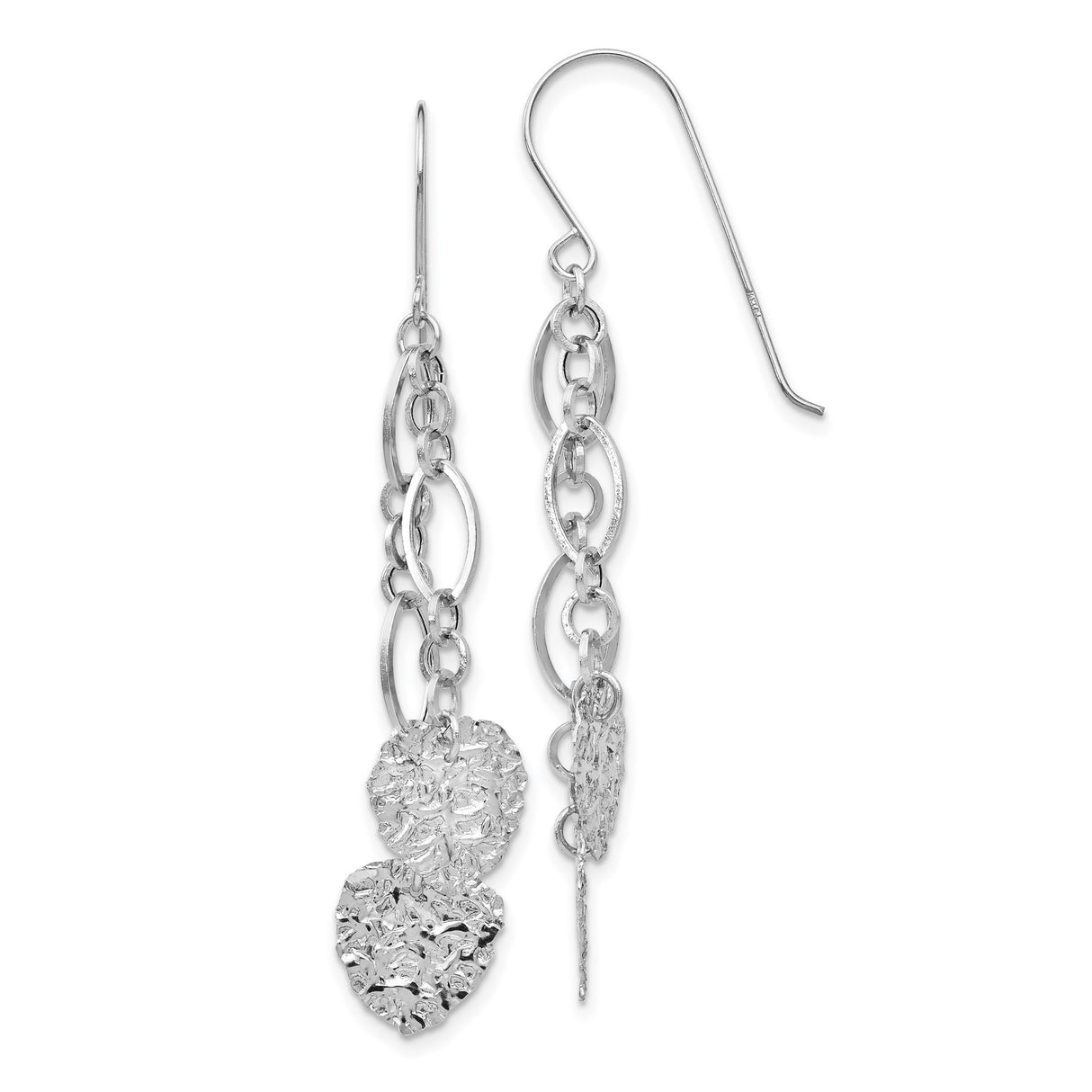 14k White Gold Dangle Earrings with Textured Heart Charms and Polished Oval Links
