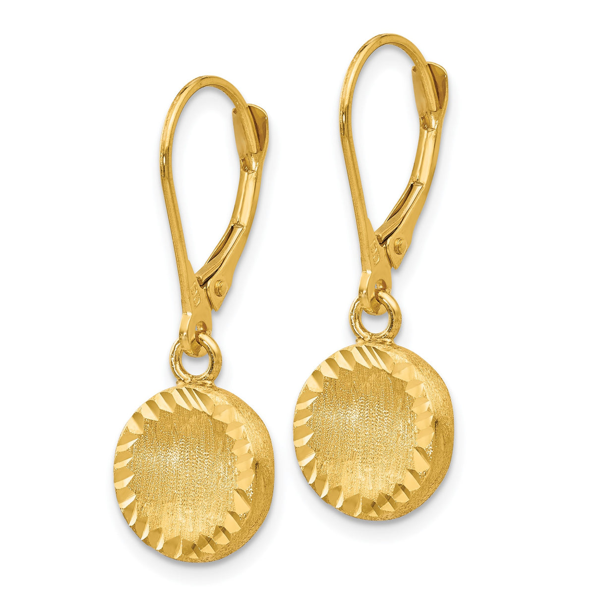14k Yellow Gold Dangle Earrings, Textured Round Disk with Faceted Edge, Leverback Closure