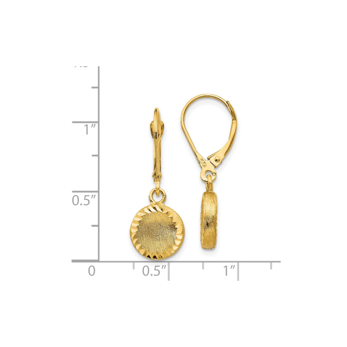 14k Yellow Gold Dangle Earrings, Textured Round Disk with Faceted Edge, Leverback Closure