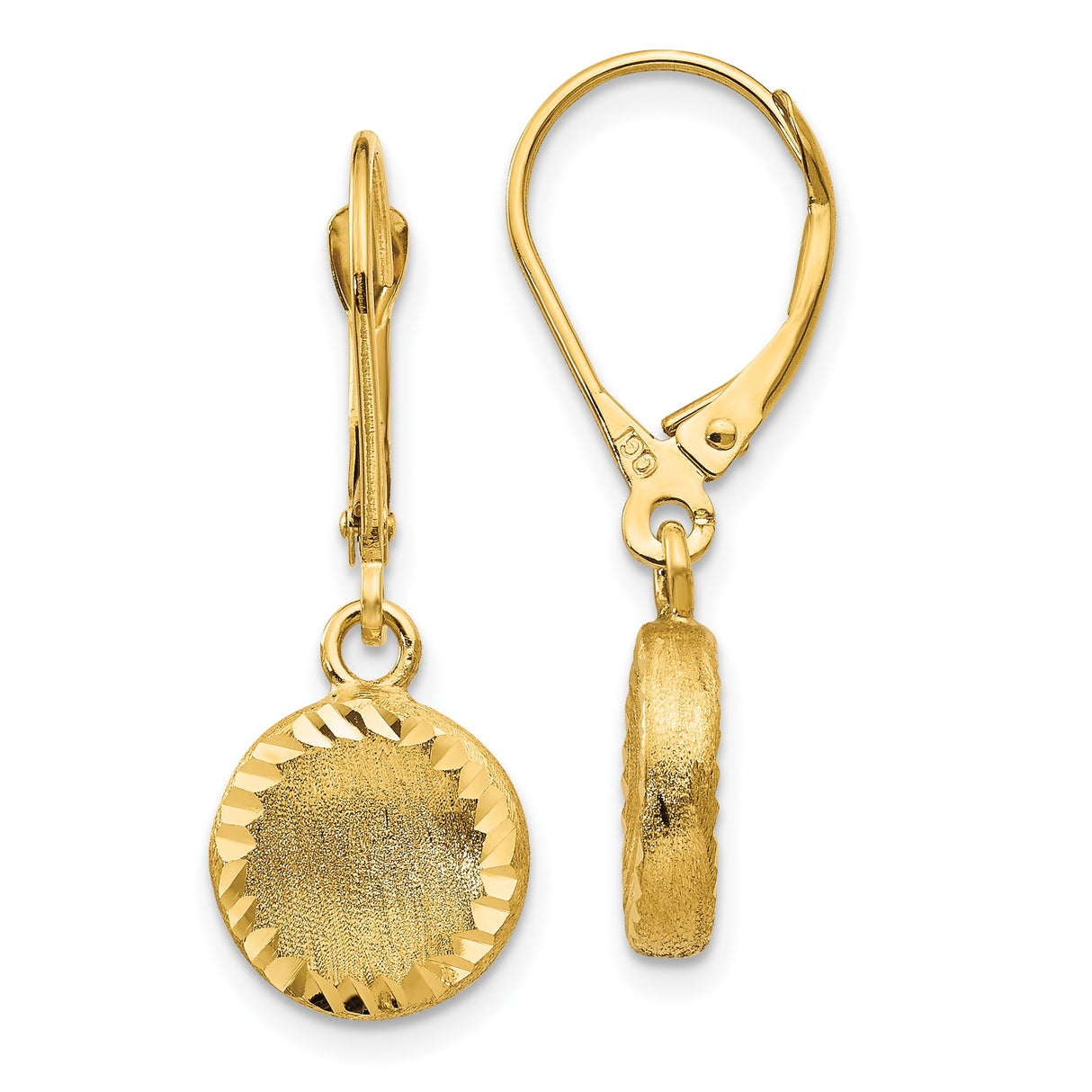 14k Yellow Gold Dangle Earrings, Textured Round Disk with Faceted Edge, Leverback Closure