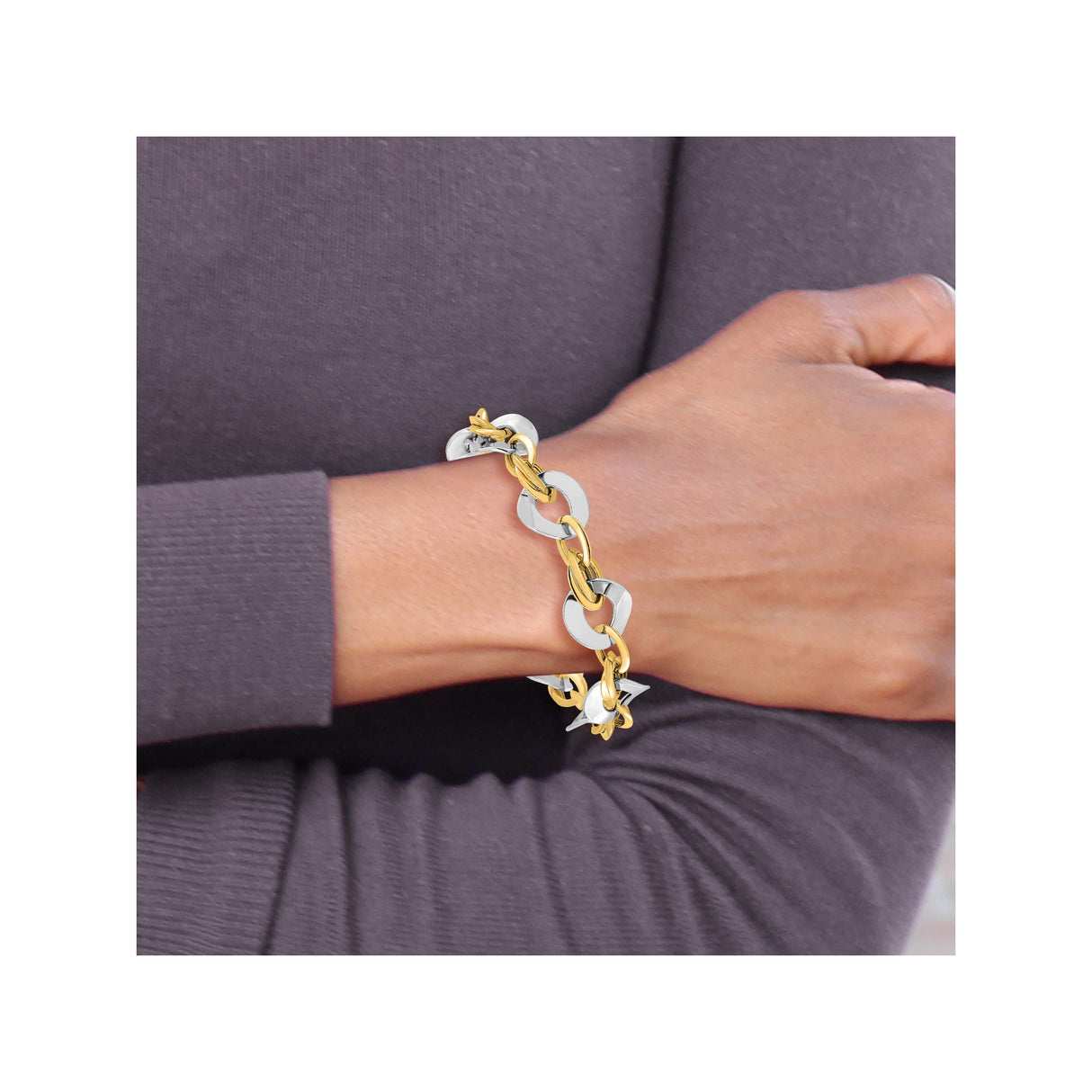 14K Two-tone Gold 14.5 mm Polished Chain Bracelet detail view