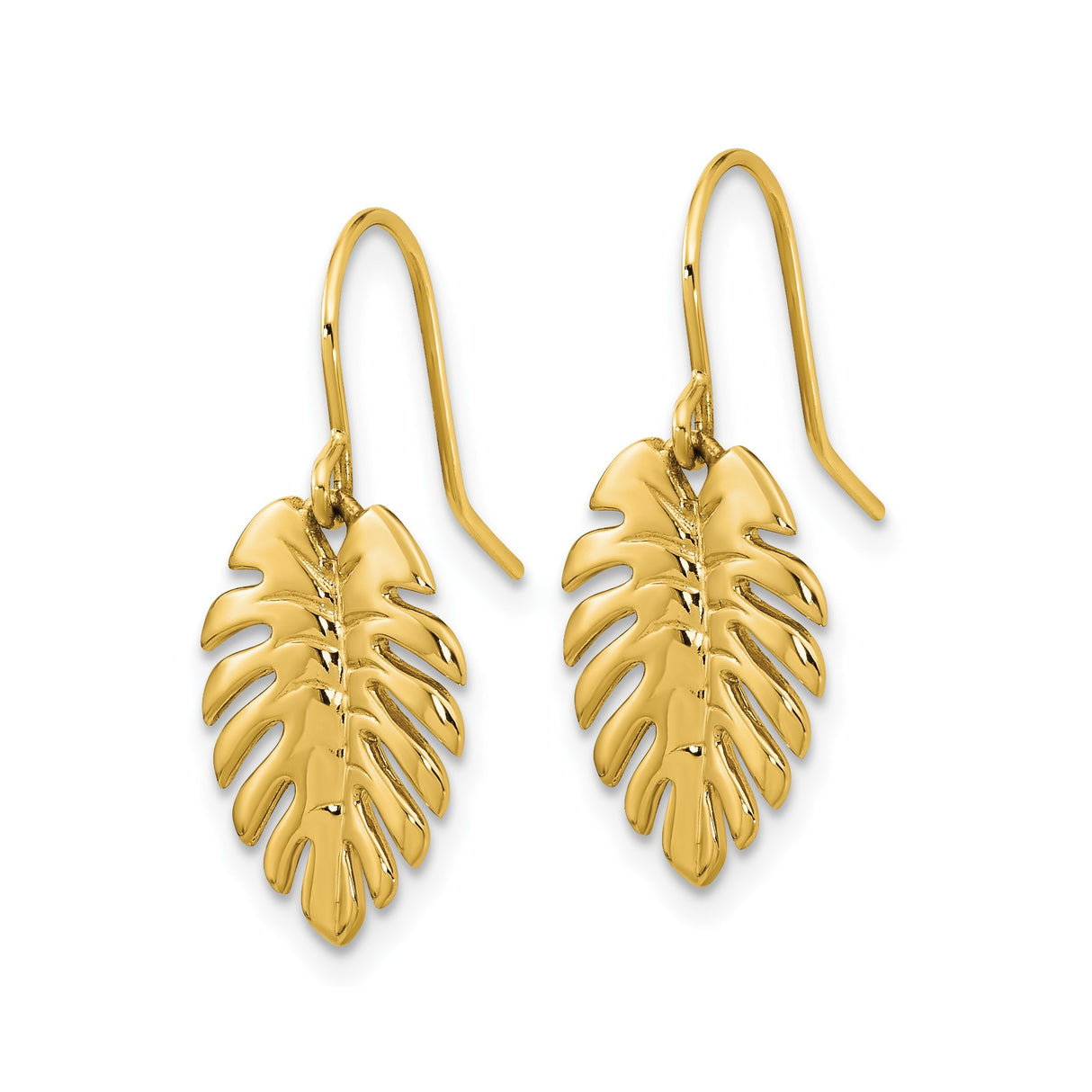 14k Yellow Gold Dangle Earrings with Monstera Leaf Design, Tropical Botanical Style