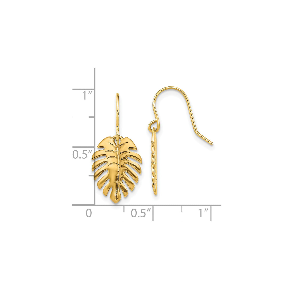 14k Yellow Gold Dangle Earrings with Monstera Leaf Design, Tropical Botanical Style