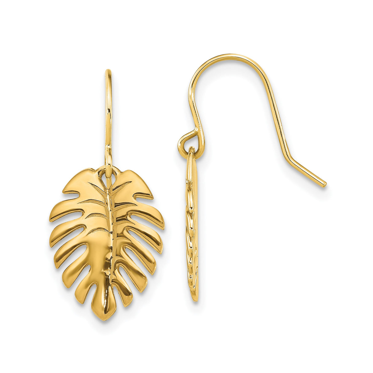 14k Yellow Gold Dangle Earrings with Monstera Leaf Design, Tropical Botanical Style