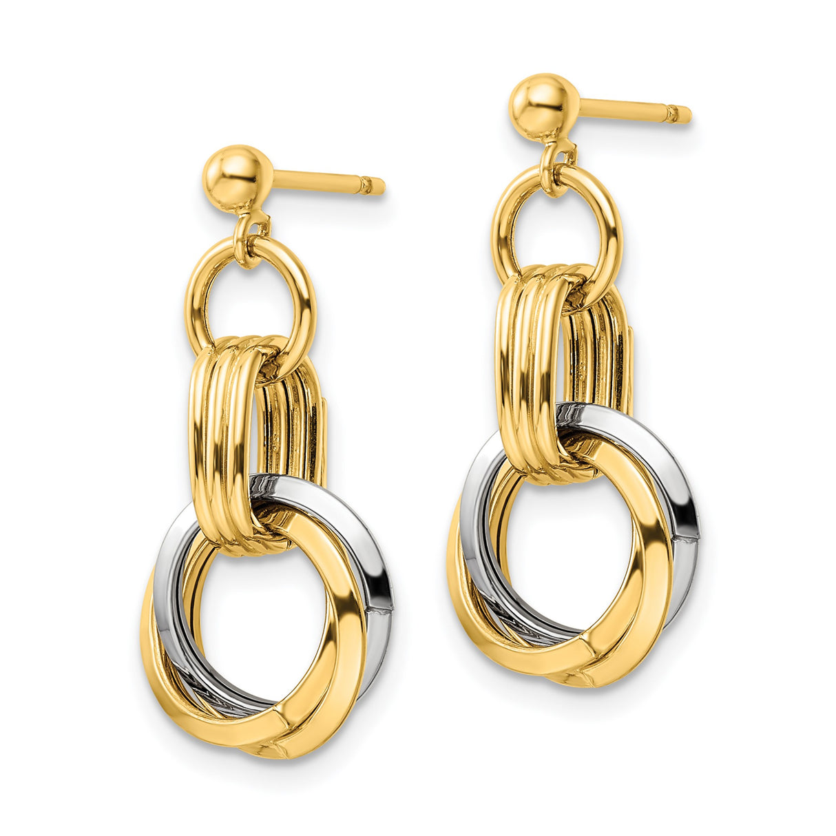 14k Two-Tone Gold Dangle Earrings with Interlocking Circles, Geometric Drop Design