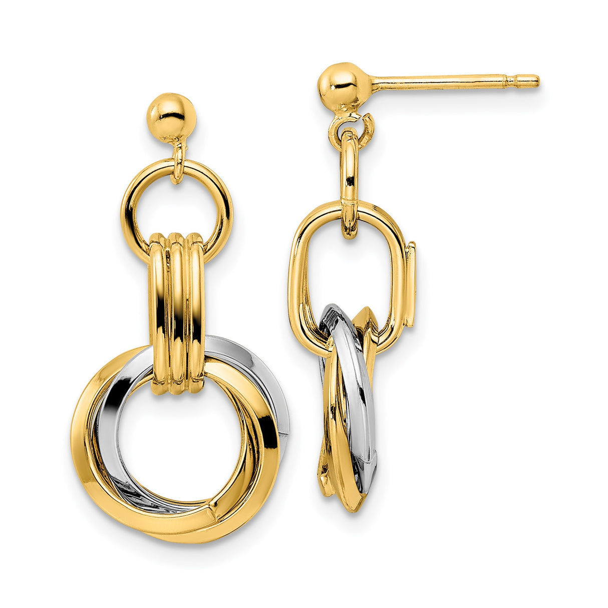 14k Two-Tone Gold Dangle Earrings with Interlocking Circles, Geometric Drop Design