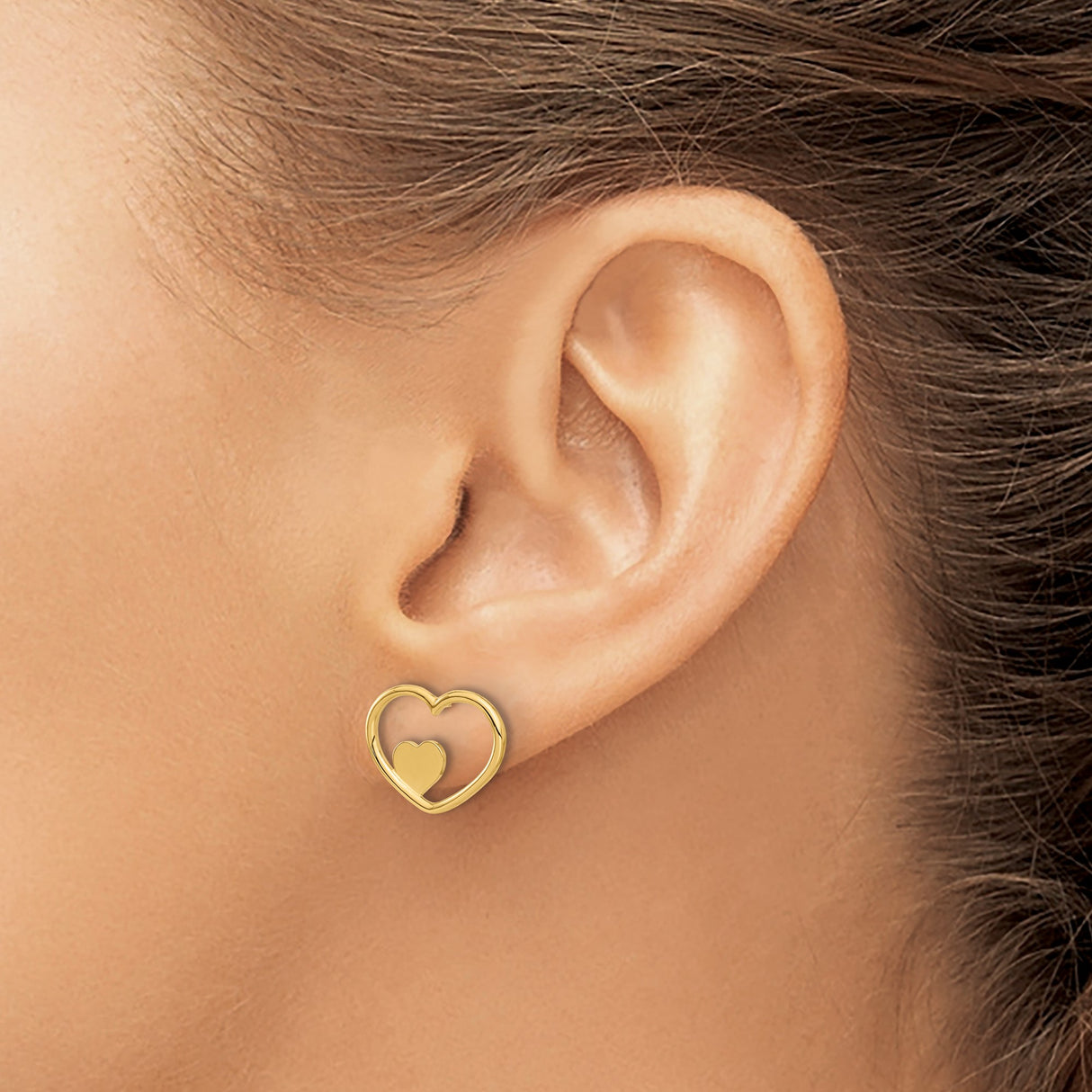 14k Yellow Gold Heart Stud Earrings with Open and Solid Heart Design, Minimalist Style