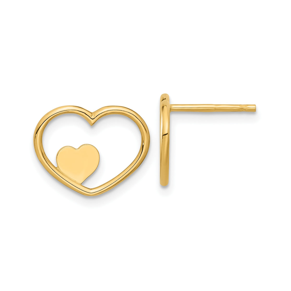 14k Yellow Gold Heart Stud Earrings with Open and Solid Heart Design, Minimalist Style