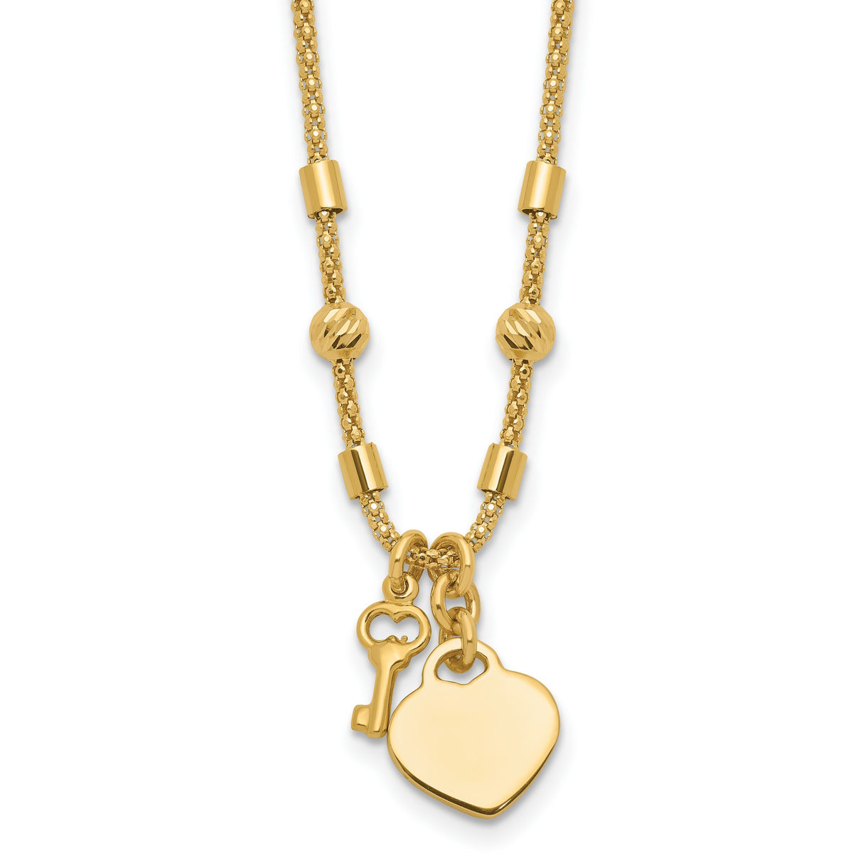 11.2mm Diamond-cut Lock and Heart Chain Necklace Charm Pendant in Real 14k Yellow Gold
