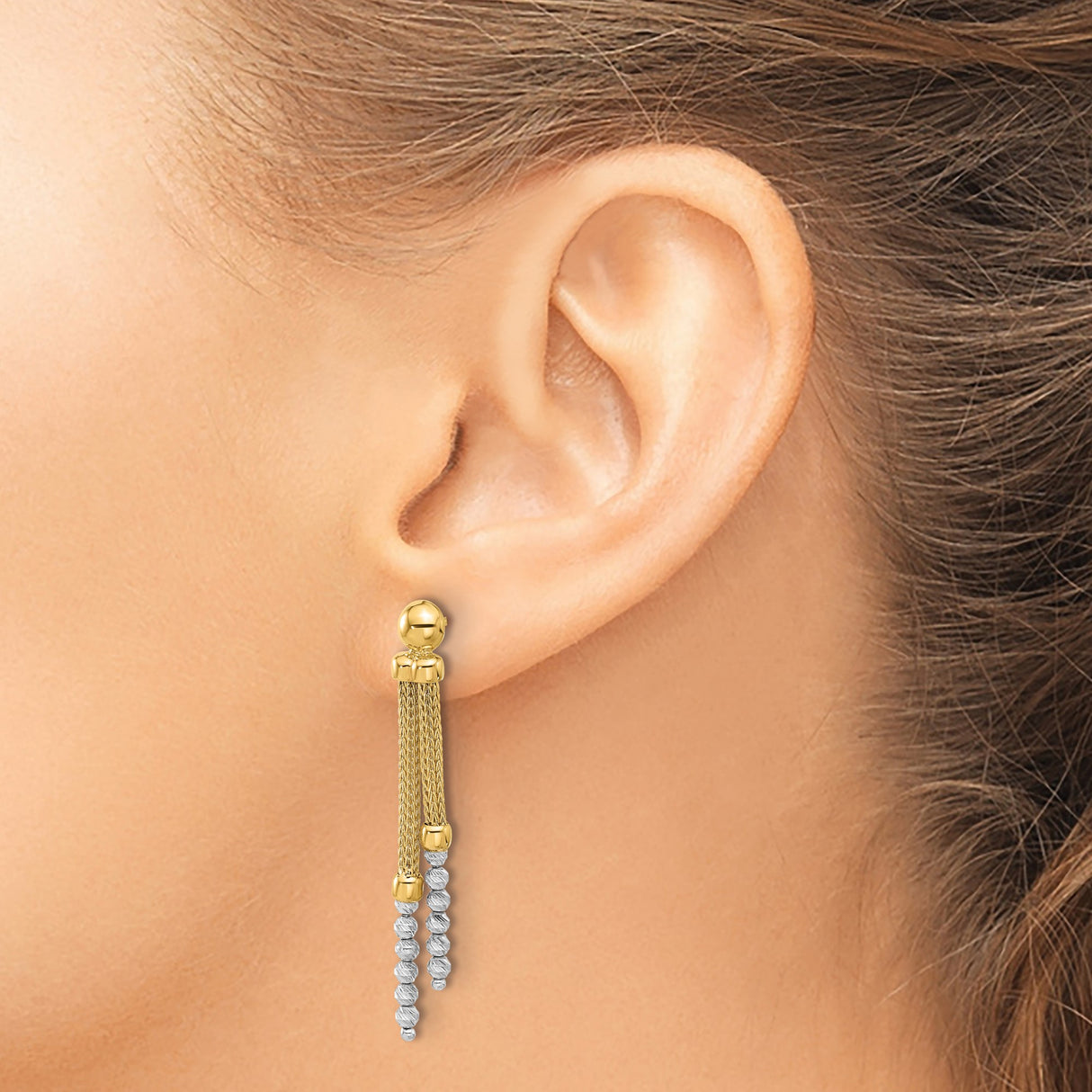 14k Two-Tone Gold Dangle Earrings with Yellow Gold Mesh Chains and White Gold Spiral Beads