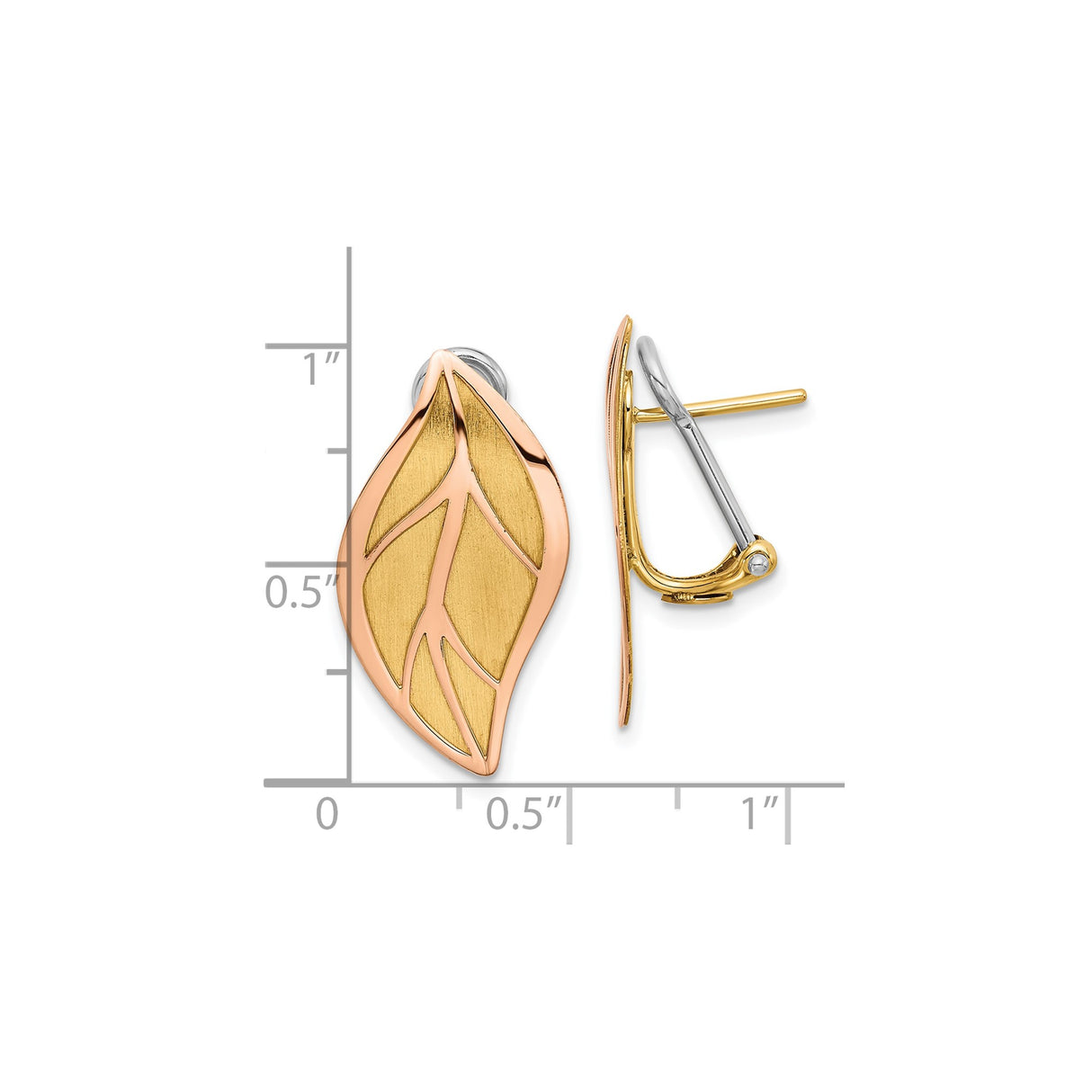 14k Two-Tone Gold Leaf Earrings with Polished Rose Gold Outline and Brushed Yellow Finish