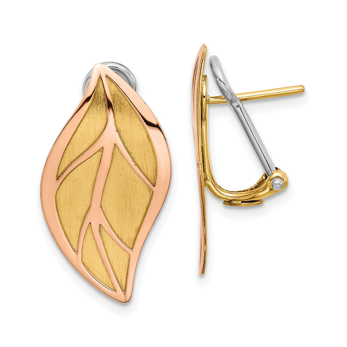 14k Two-Tone Gold Leaf Earrings with Polished Rose Gold Outline and Brushed Yellow Finish