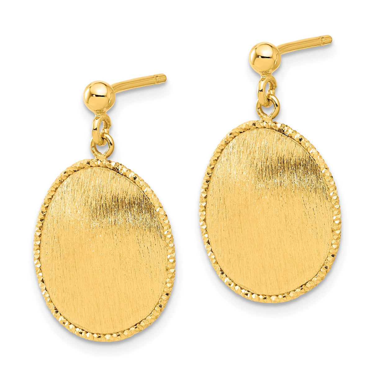 14k Yellow Gold Dangle Earrings with Textured Round Disc and Diamond-Cut Border