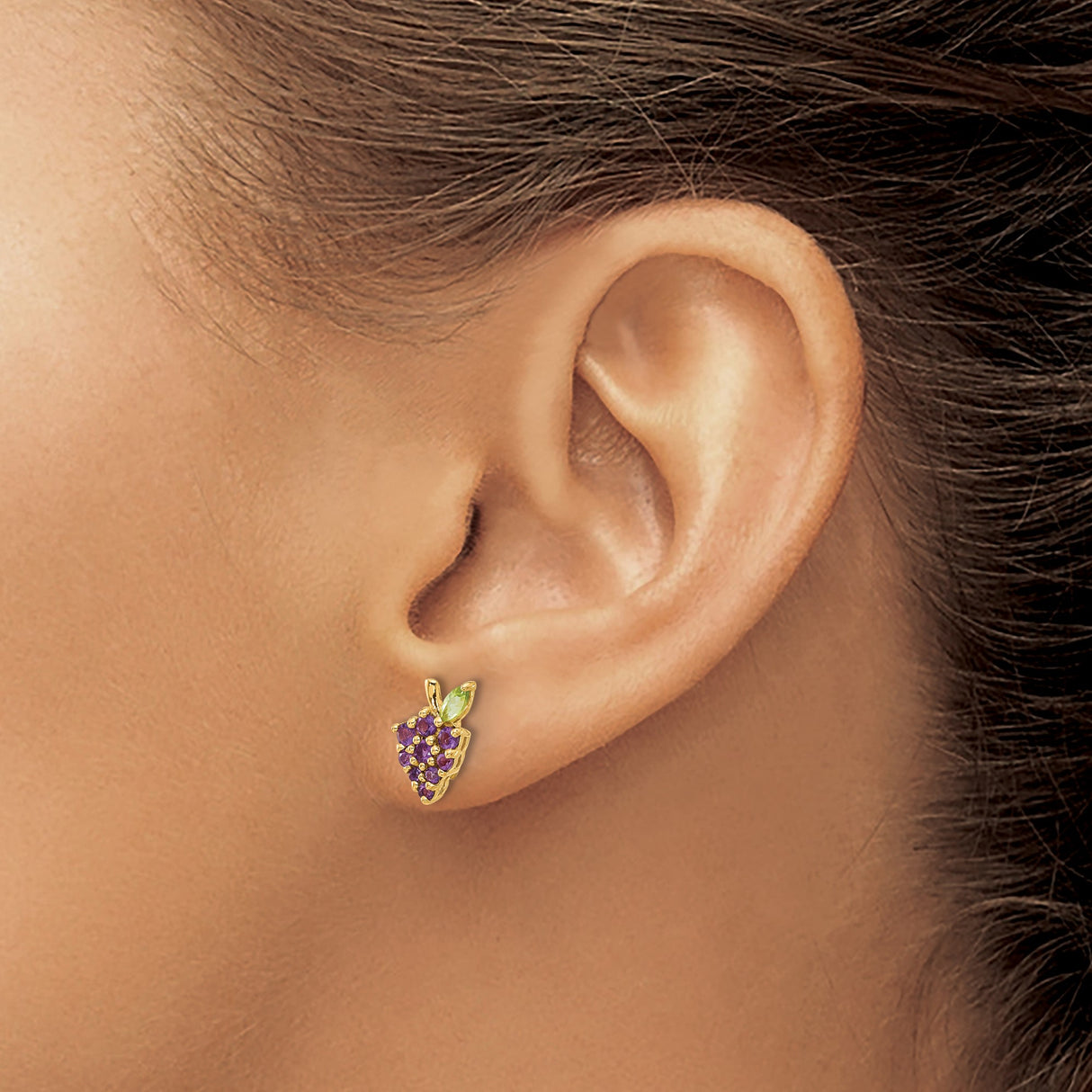 14k Yellow Gold Grape Stud Earrings with Amethyst and Peridot, Nature Inspired Cluster Design