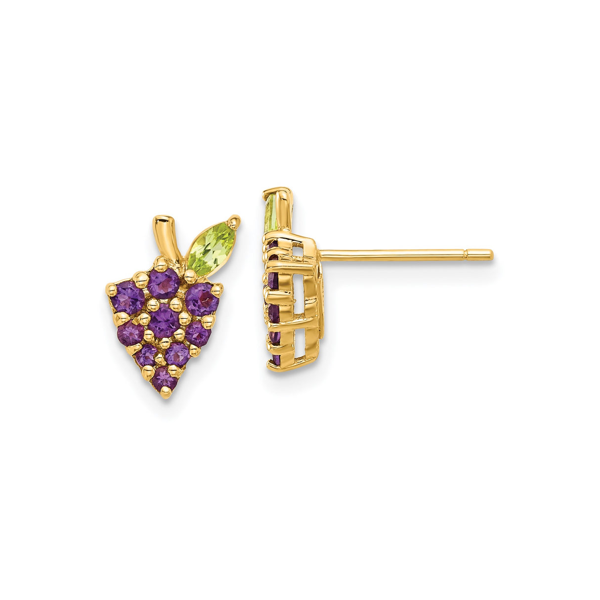 14k Yellow Gold Grape Stud Earrings with Amethyst and Peridot, Nature Inspired Cluster Design