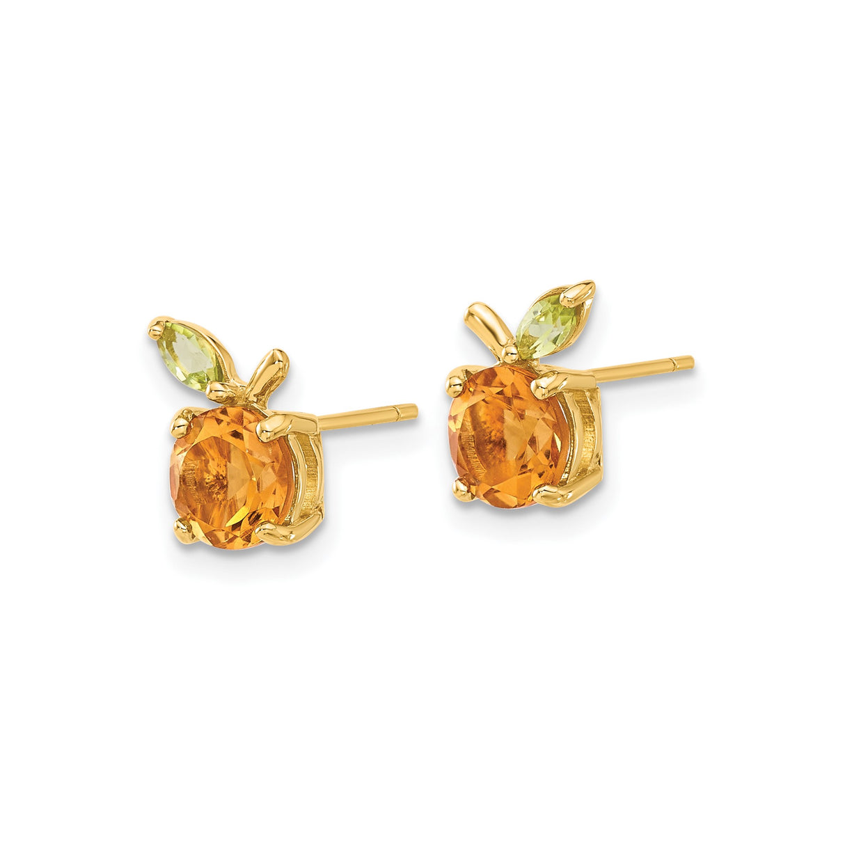 14k Yellow Gold Stud Earrings with Citrine and Peridot, Fruit-Inspired Whimsical Design