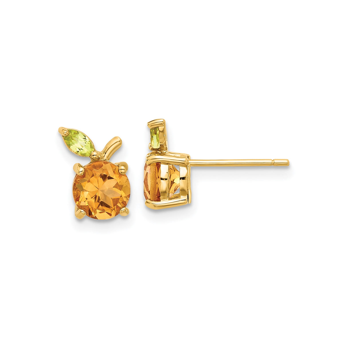 14k Yellow Gold Stud Earrings with Citrine and Peridot, Fruit-Inspired Whimsical Design