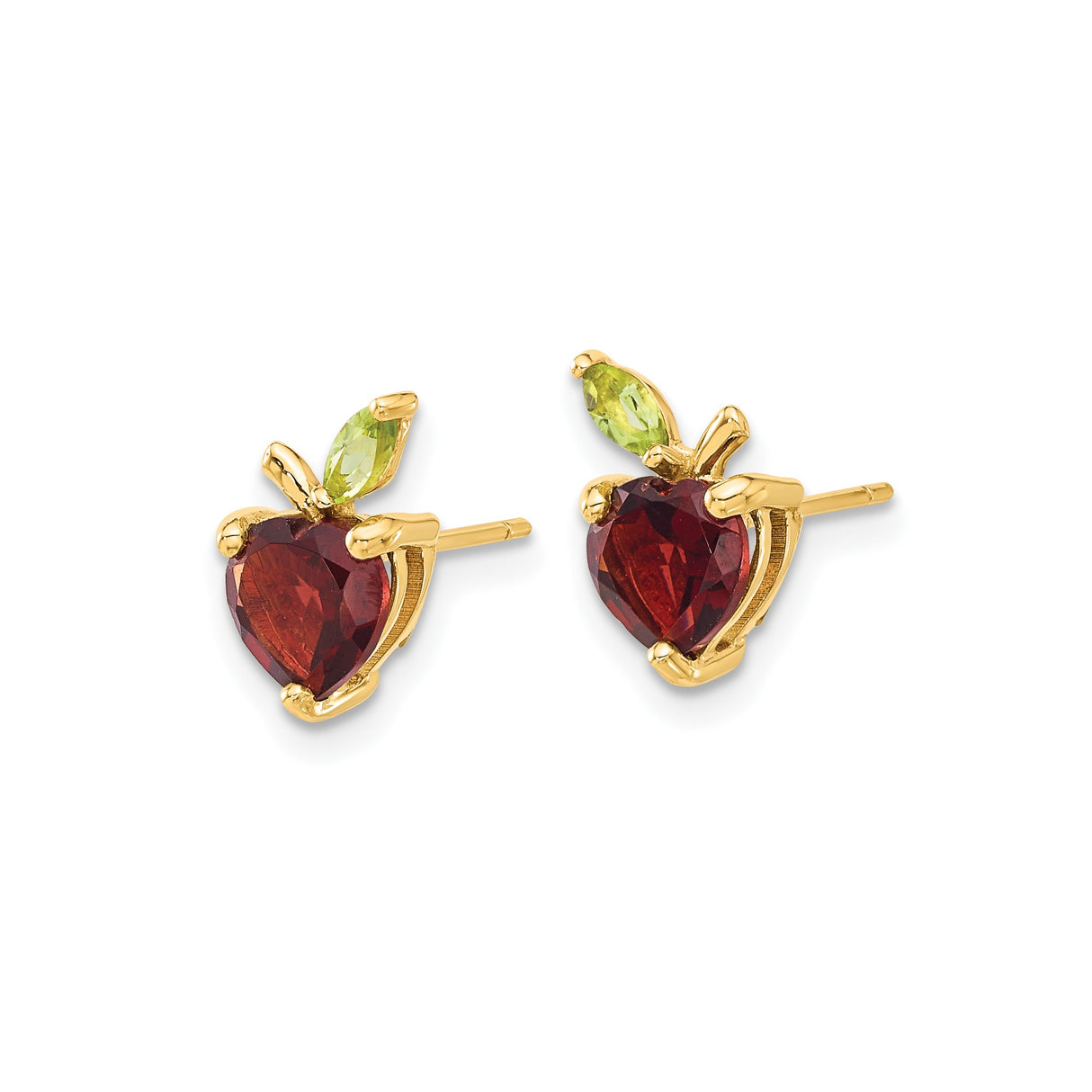 14k Yellow Gold Stud Earrings with Garnet and Peridot, Apple Heart Motif, Nature Inspired Jewelry