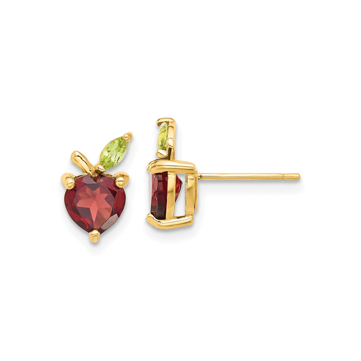 14k Yellow Gold Stud Earrings with Garnet and Peridot, Apple Heart Motif, Nature Inspired Jewelry