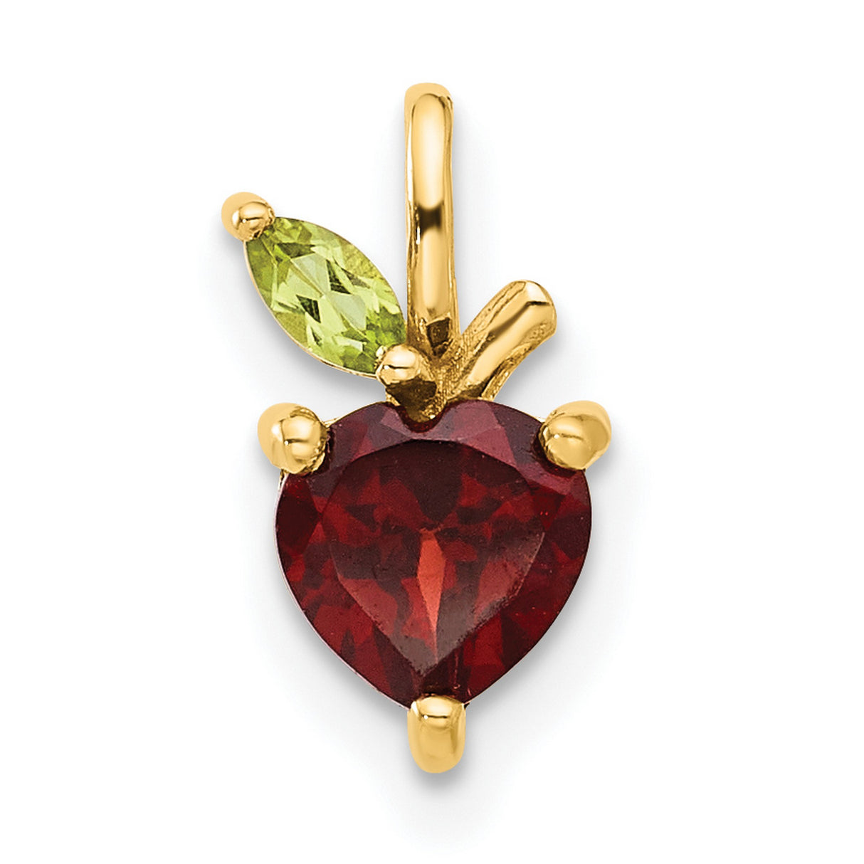 14k Yellow Gold Heart Pendant with Garnet and Peridot Leaf Accent