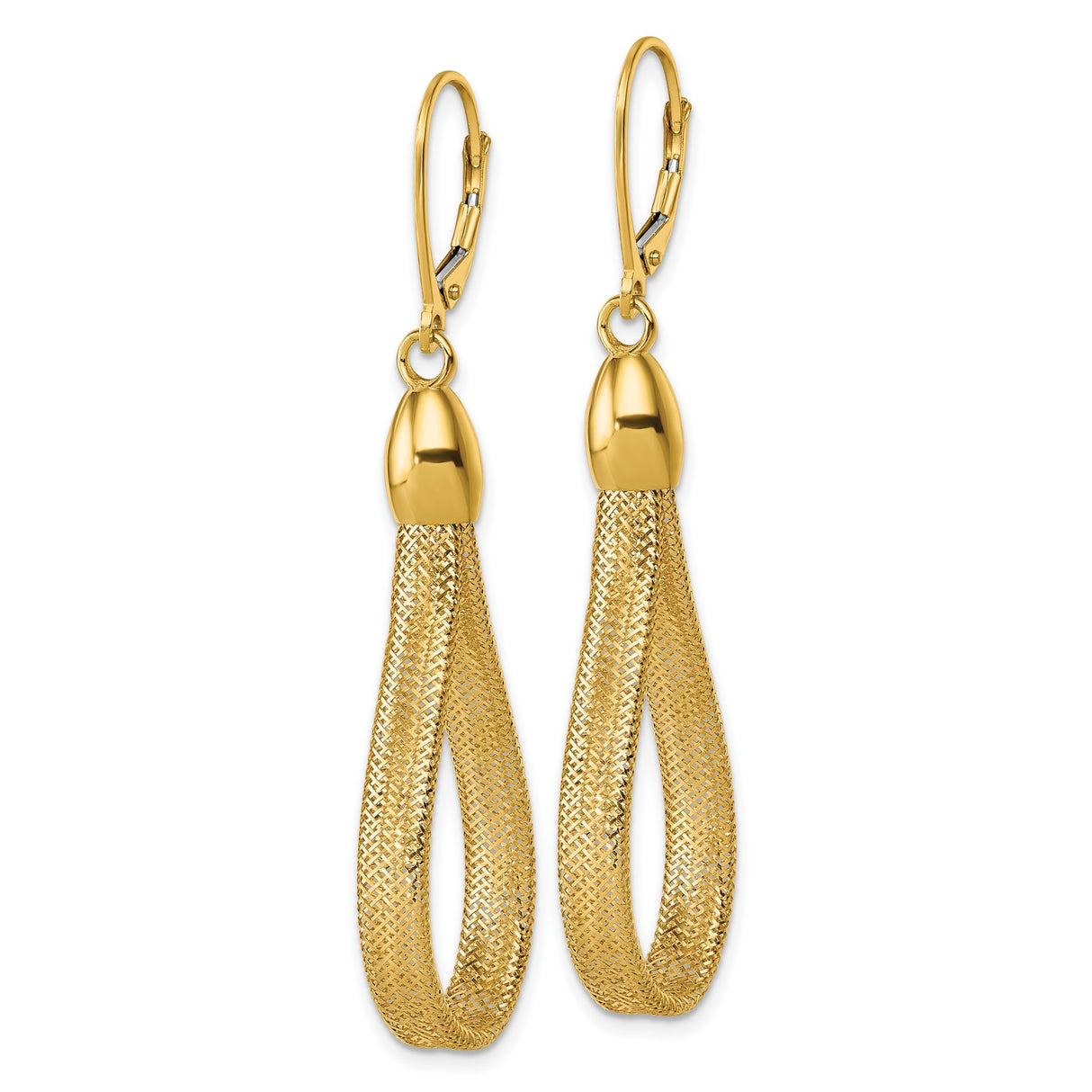 14k Yellow Gold Dangle Earrings with Textured Mesh Loop Drops and Leverback Closures
