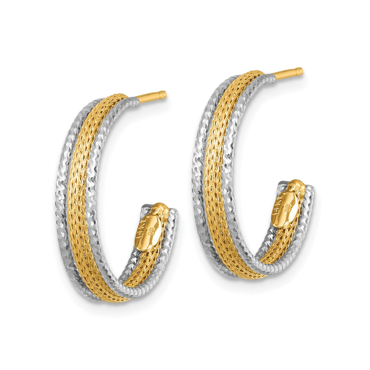 14k Two-Tone Gold Hoop Earrings with Hammered White and Braided Yellow Gold, 20mm J-Hoops