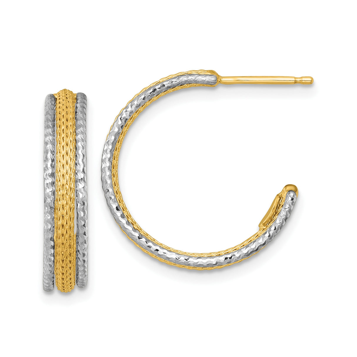14k Two-Tone Gold Hoop Earrings with Hammered White and Braided Yellow Gold, 20mm J-Hoops