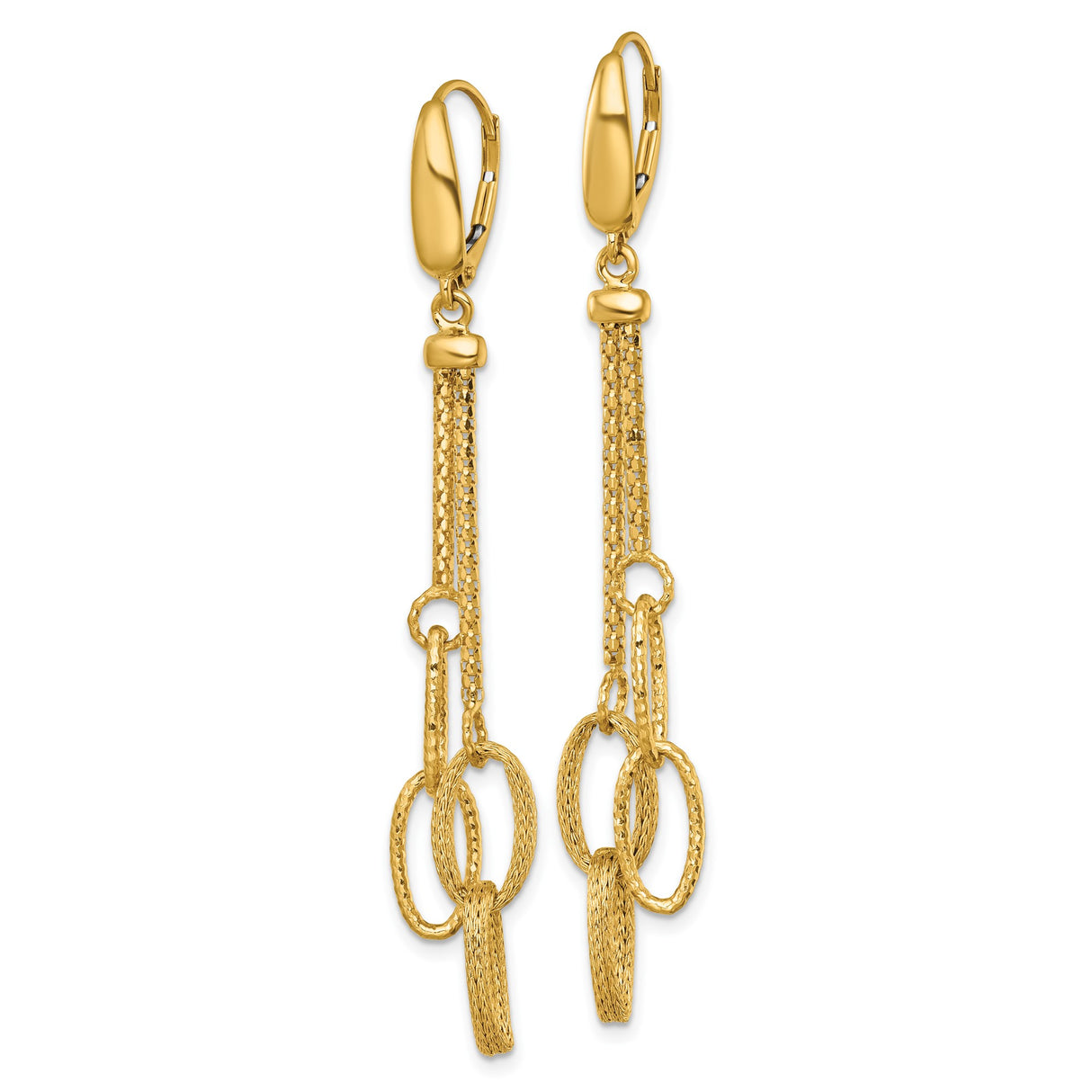 14k Yellow Gold Dangle Earrings with Textured Oval Chain Links and Leverbacks
