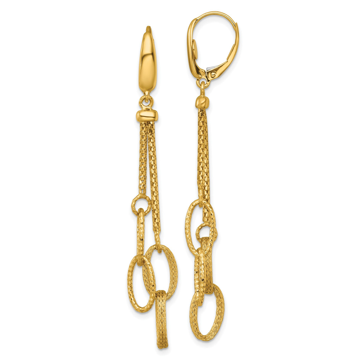 14k Yellow Gold Dangle Earrings with Textured Oval Chain Links and Leverbacks