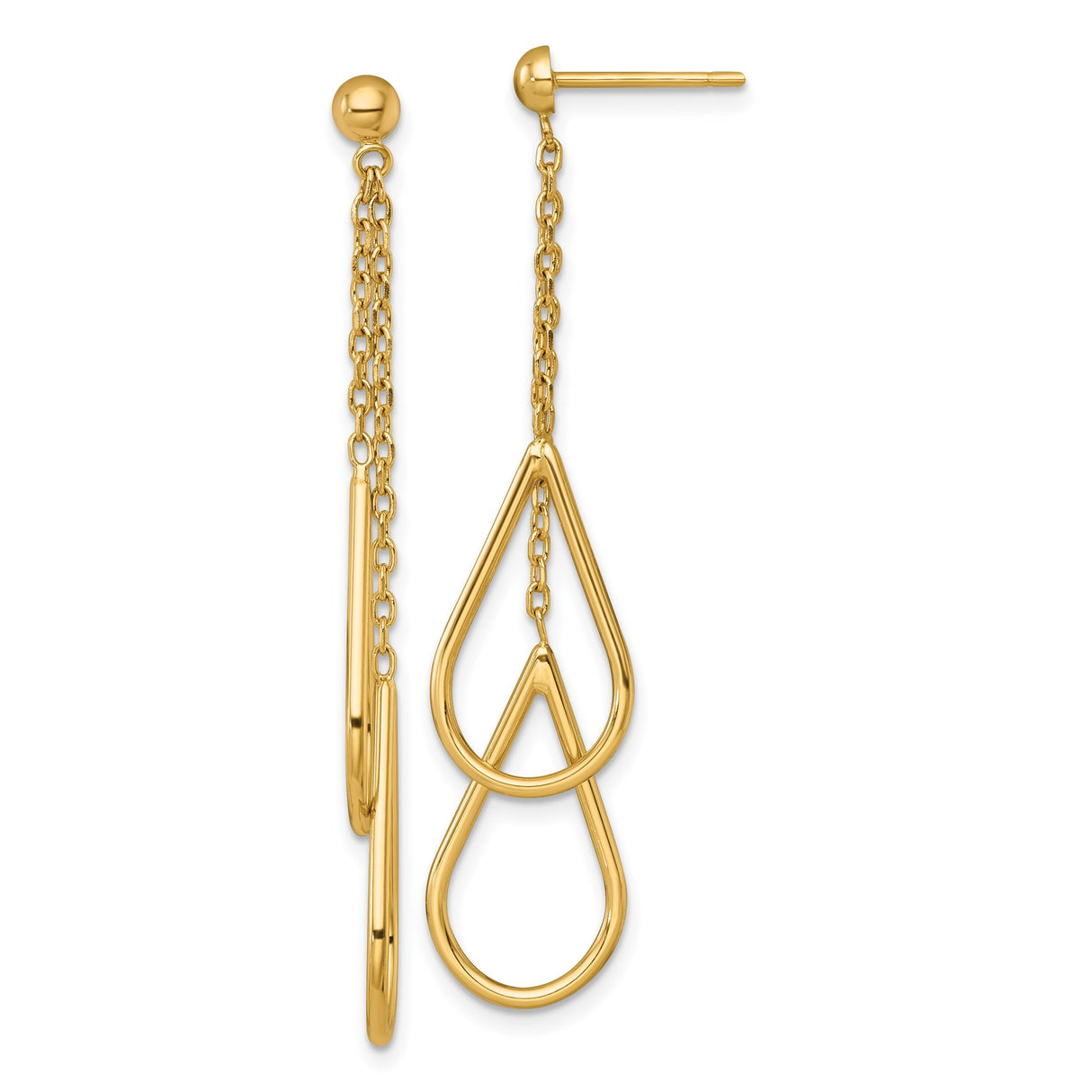 14k Yellow Gold Dangle Drop Earrings with Open Teardrop Design and Delicate Chains for Women