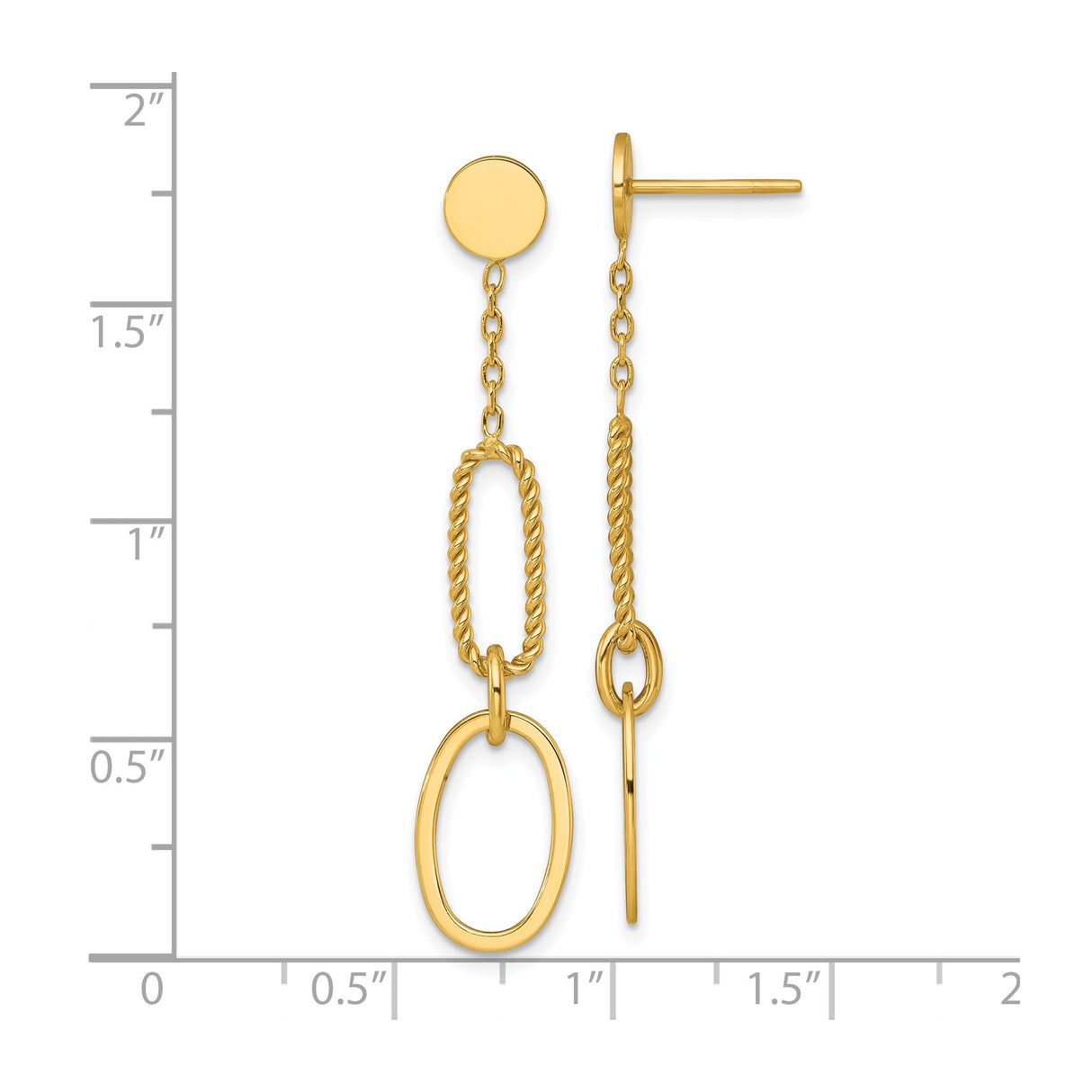 14k Yellow Gold Dangle Earrings with Geometric Chain Link and Rope Textured Oval Drops