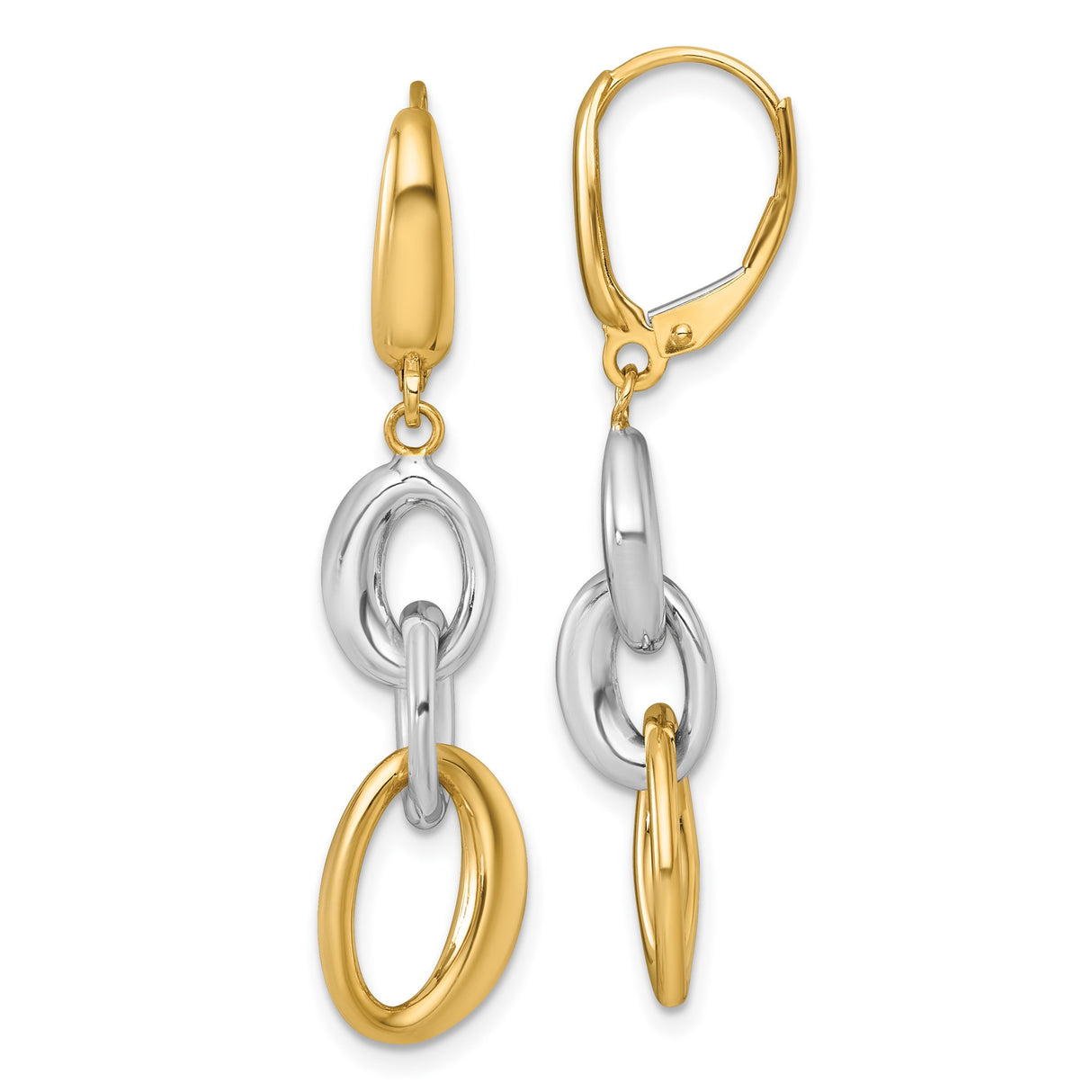 14k Yellow Gold Dangle Earrings with Interlocking Oval Links, Two-Tone Leverback Design for Women