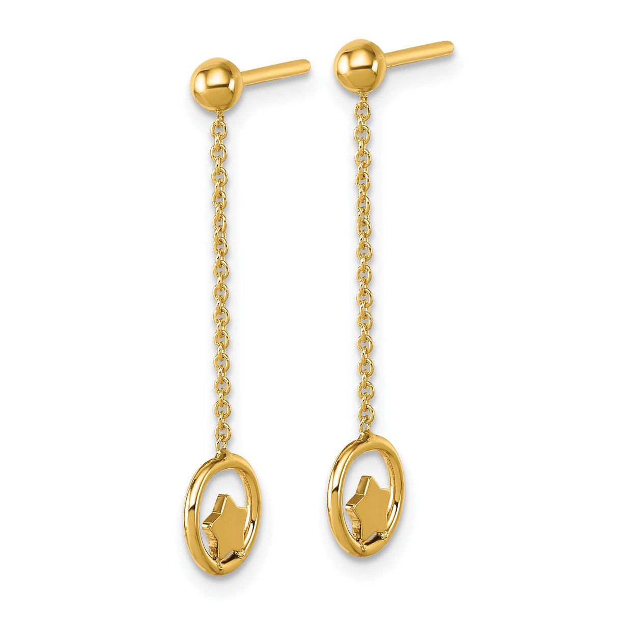 14k Yellow Gold Dangle Earrings with Chain Drop and Polished Star in Circle Design