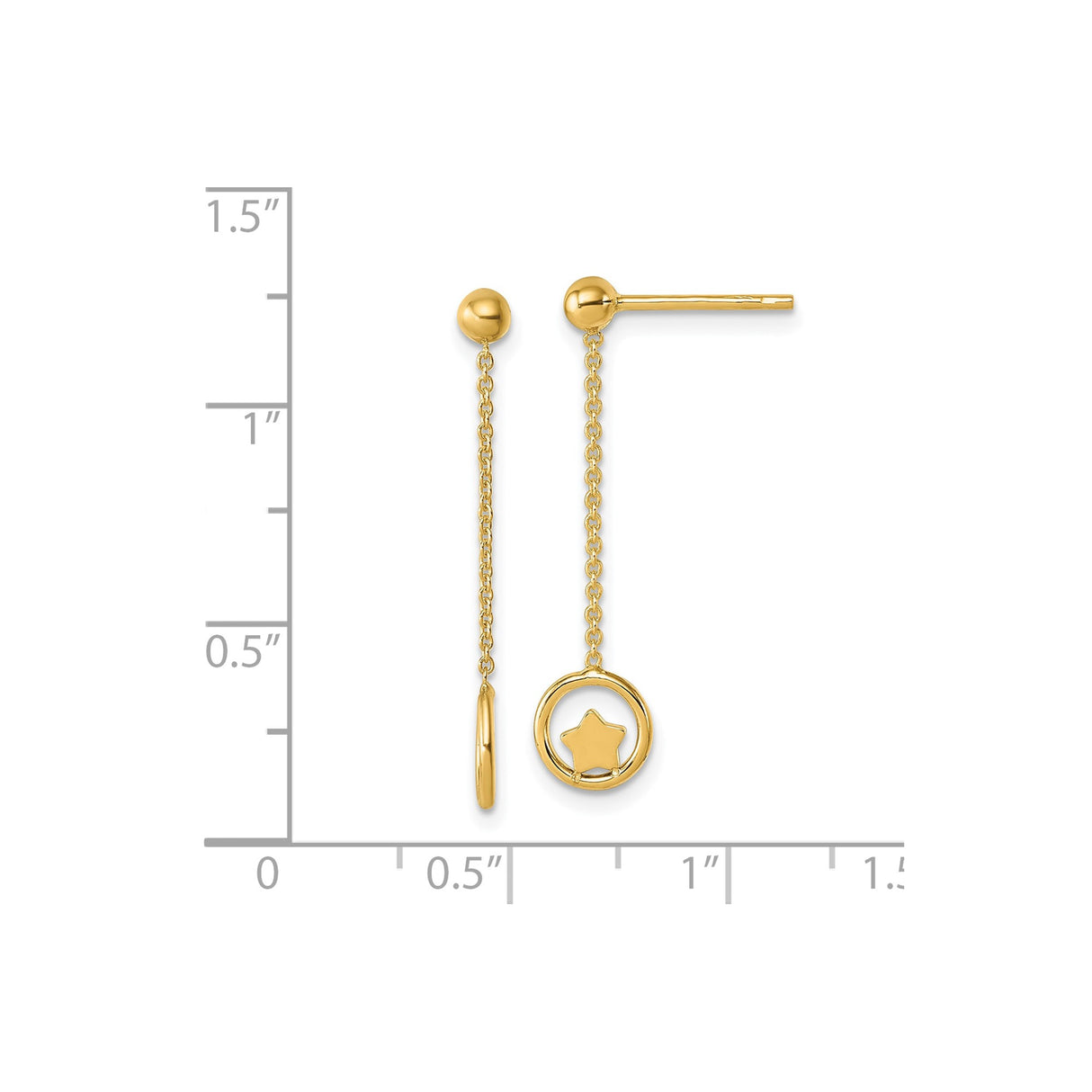 14k Yellow Gold Dangle Earrings with Chain Drop and Polished Star in Circle Design