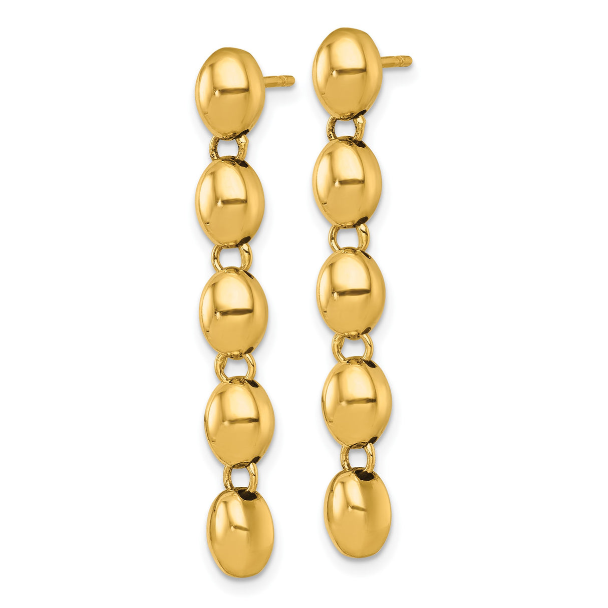 14k Yellow Gold Dangle Earrings with Linked Oval Beads, High Polish Drop Design