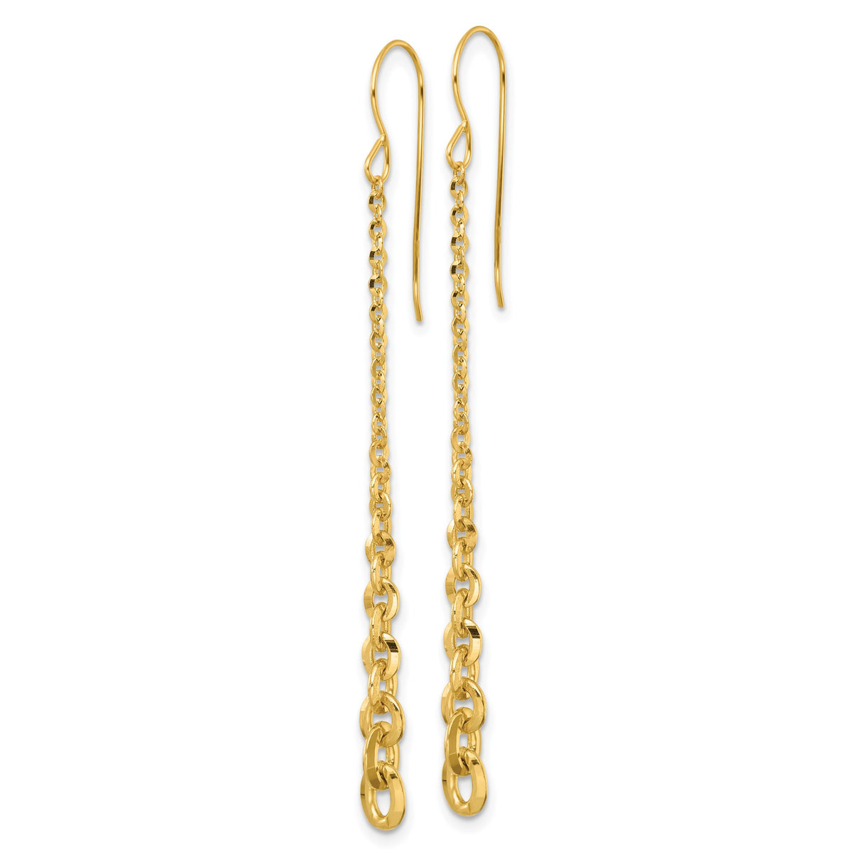 14k Yellow Gold Dangle Earrings, Long Chain Link Drop Style with Shepherd Hook Backs