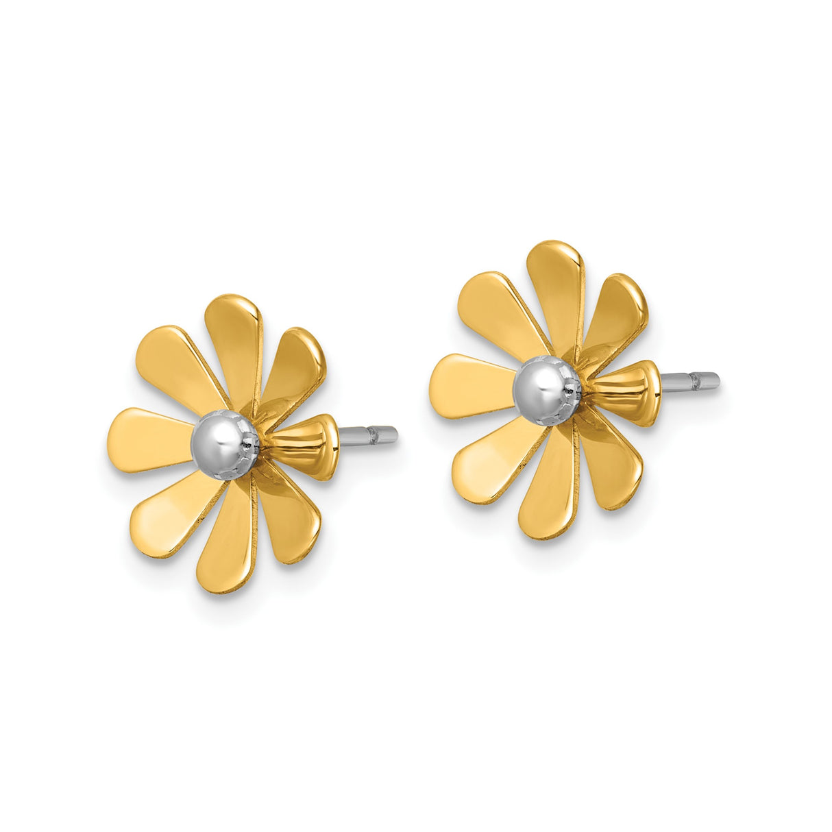 14k Yellow Gold Daisy Stud Earrings with Rhodium Center and Polished Petals, Floral Design for Women