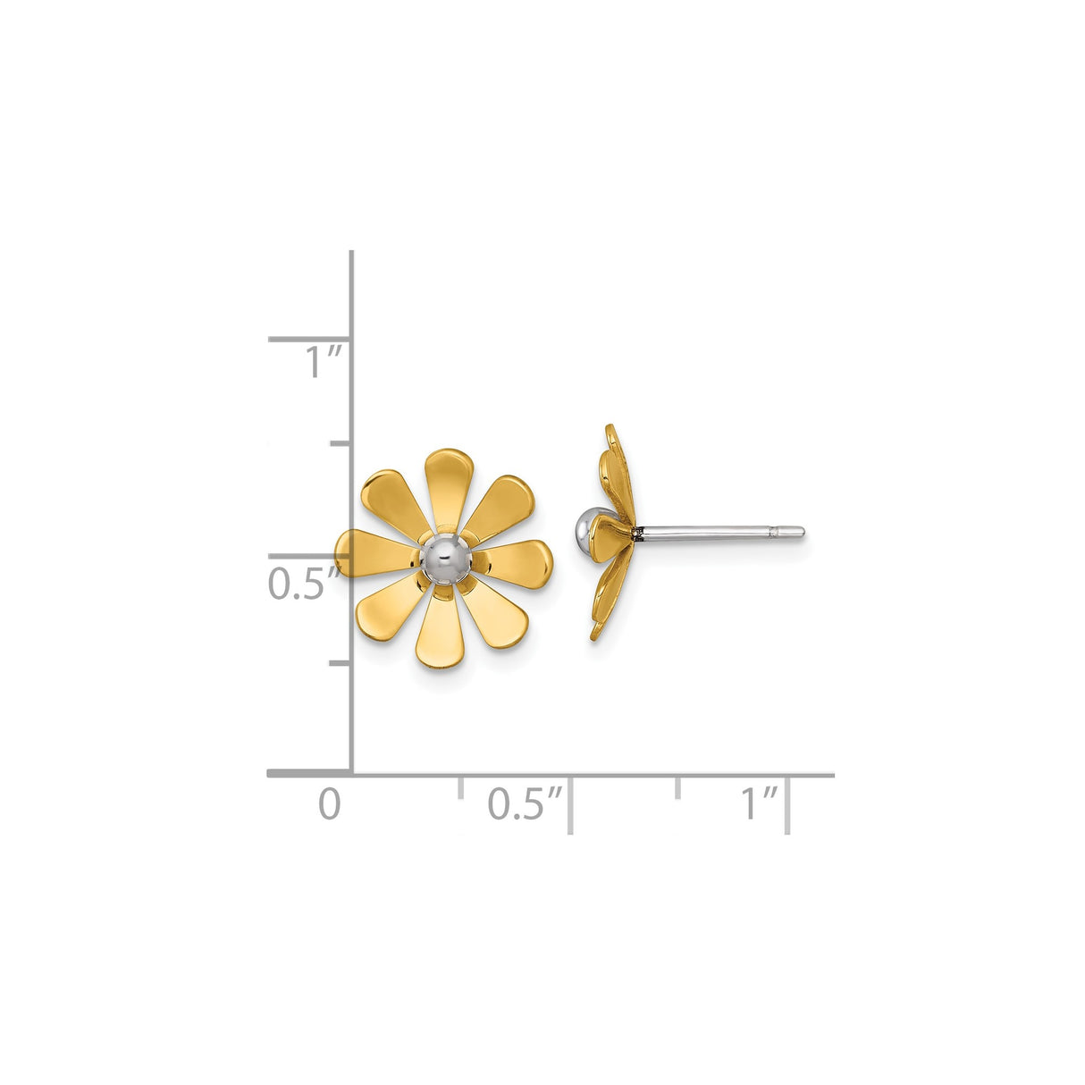14k Yellow Gold Daisy Stud Earrings with Rhodium Center and Polished Petals, Floral Design for Women