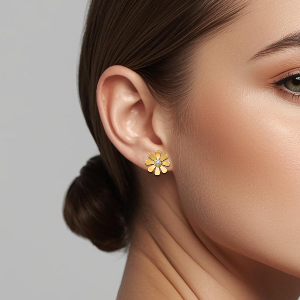 14k Yellow Gold Daisy Stud Earrings with Rhodium Center and Polished Petals, Floral Design for Women