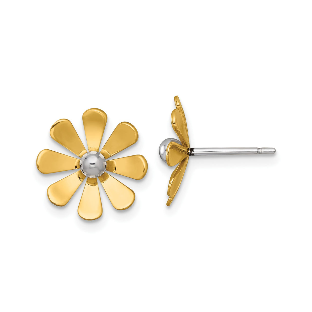 14k Yellow Gold Daisy Stud Earrings with Rhodium Center and Polished Petals, Floral Design for Women