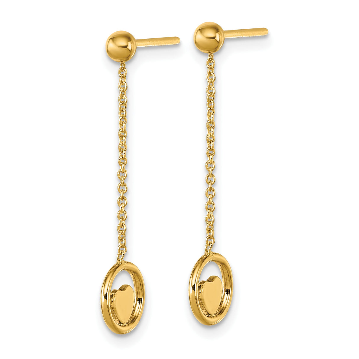 14k Yellow Gold Dangle Earrings with Open Circle and Heart Charms, Lightweight Minimalist Style