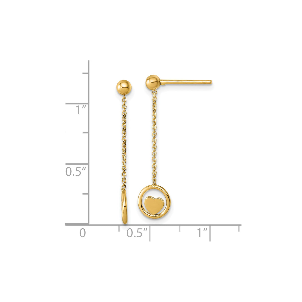 14k Yellow Gold Dangle Earrings with Open Circle and Heart Charms, Lightweight Minimalist Style