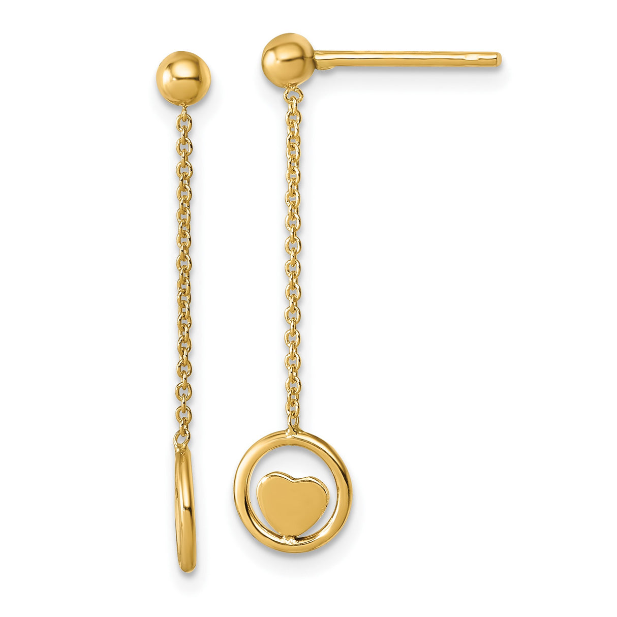 14k Yellow Gold Dangle Earrings with Open Circle and Heart Charms, Lightweight Minimalist Style