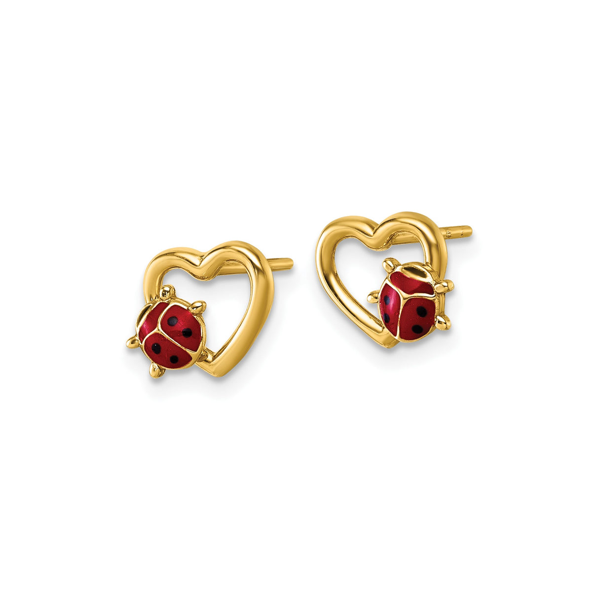 14k Yellow Gold Heart Stud Earrings with Red Enamel Ladybug Design for Women or Girls