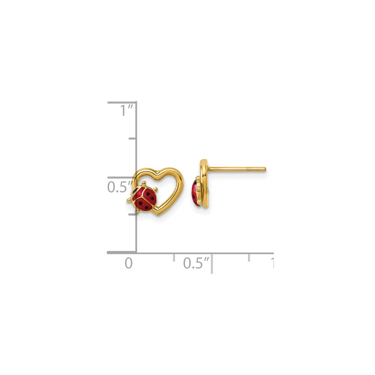 14k Yellow Gold Heart Stud Earrings with Red Enamel Ladybug Design for Women or Girls