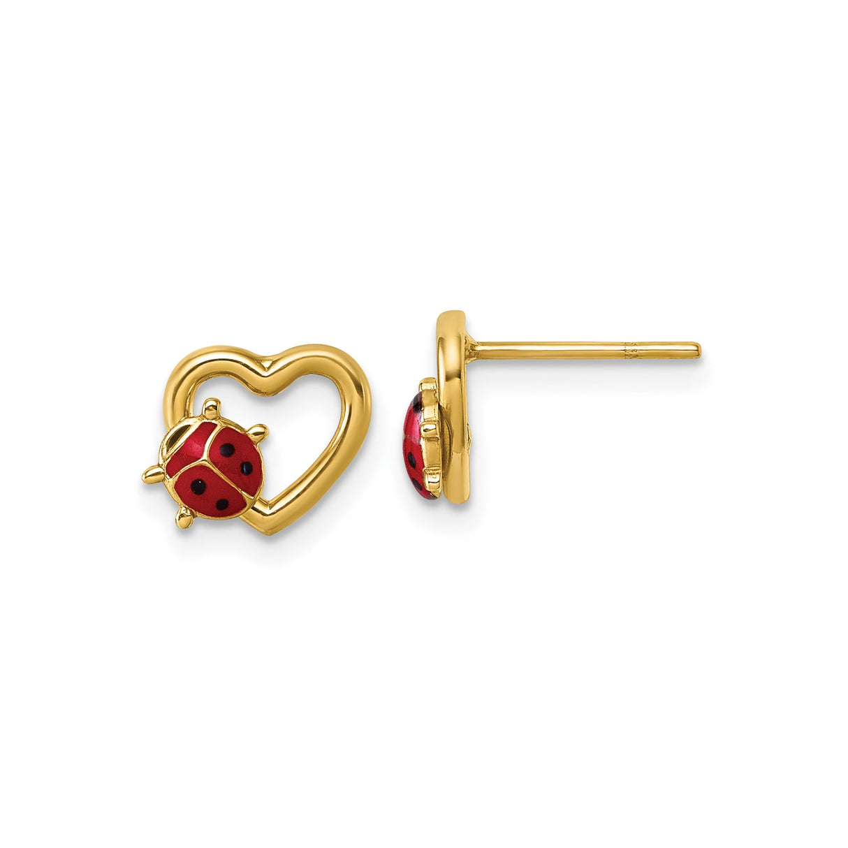 14k Yellow Gold Heart Stud Earrings with Red Enamel Ladybug Design for Women or Girls