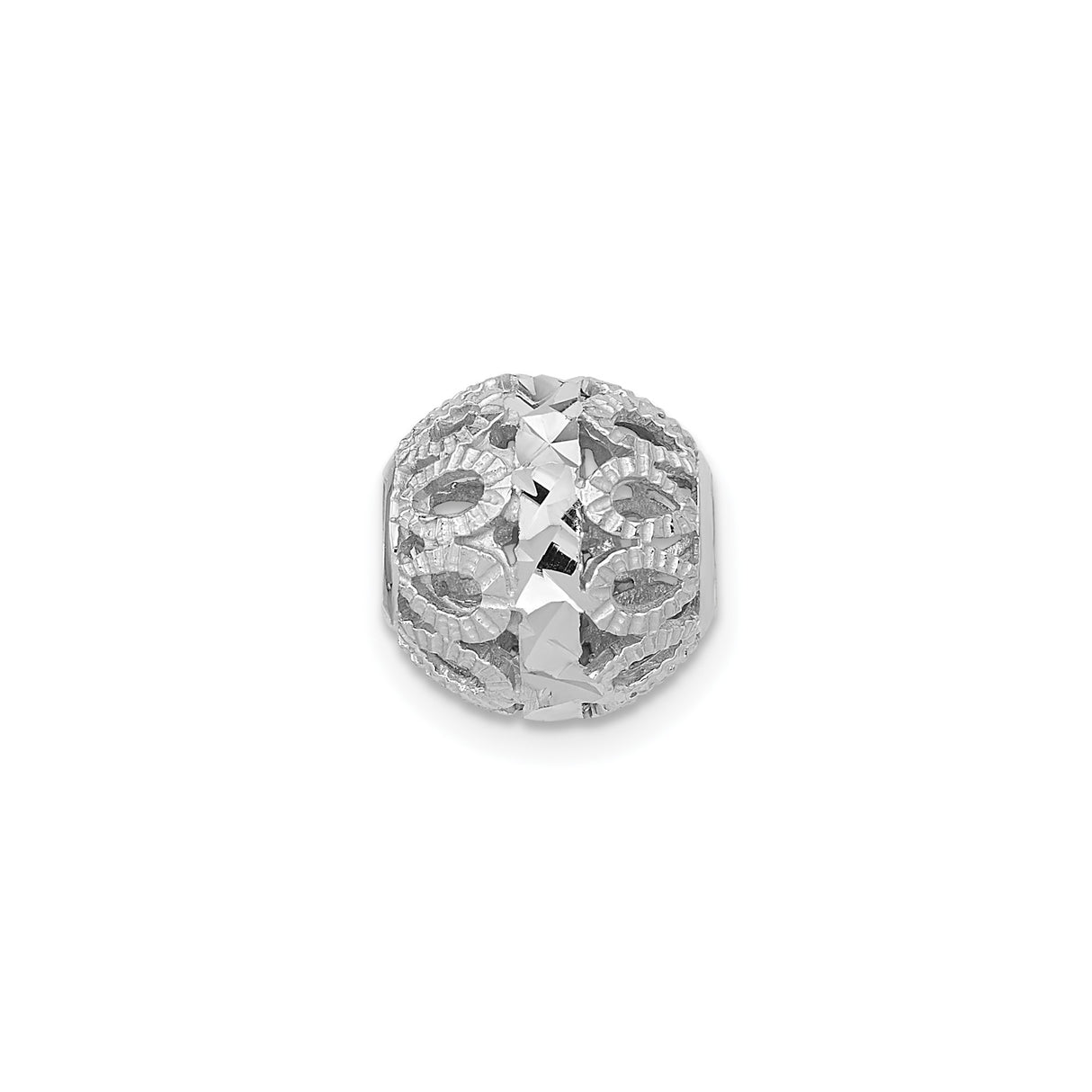 14k White Gold Filigree Charm Bead with Diamond-Cut Detailing and Openwork Design